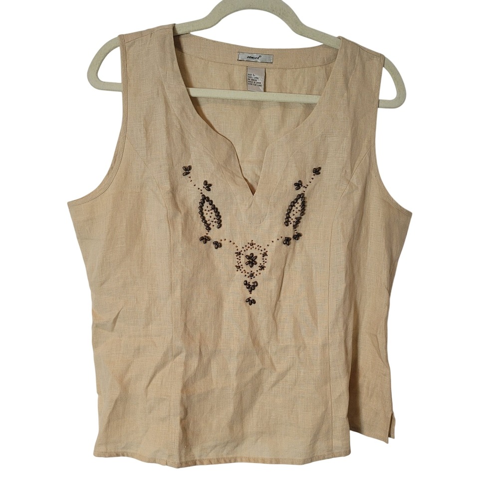 Edward Womens Beige 100% Linen Wood Beaded V-Neck Sleeveless Top Size Large Art